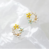 Yellow White Green Flower Wreath Stud Earrings - SS069