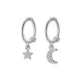 Asymmetry Star and Moon Crescent Drop Huggies Earrings-SH049