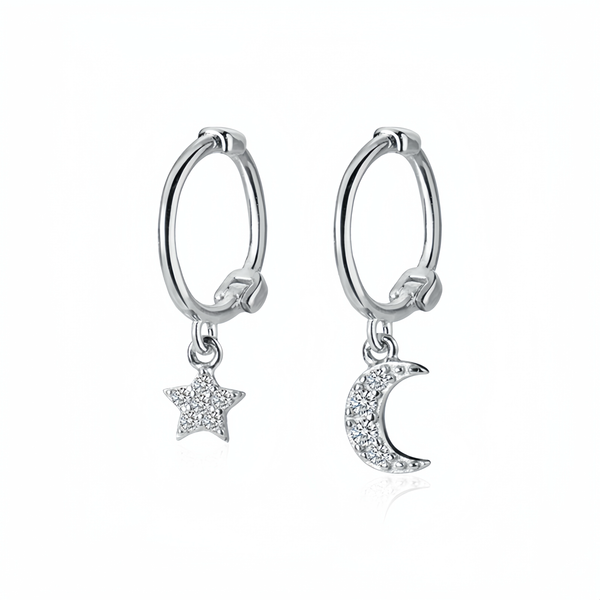 Asymmetry Star and Moon Crescent Drop Huggies Earrings-SH049