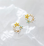 Yellow White Green Flower Wreath Stud Earrings - SS069