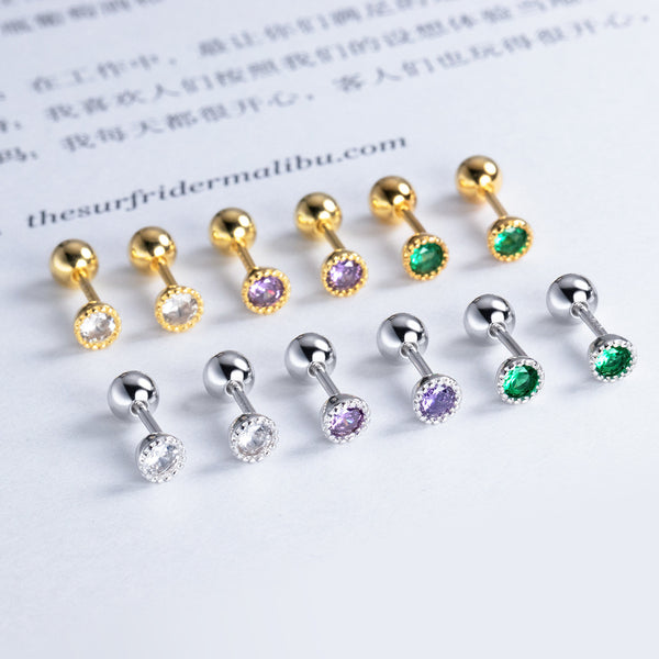 Small Round Green/Purple/White CZ Screw back Studs Earrings - ESB011