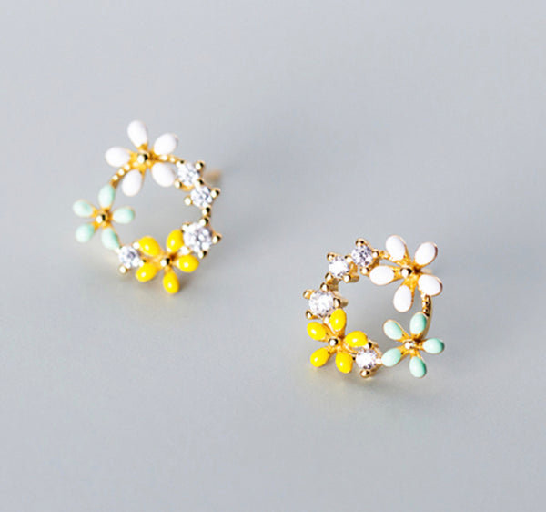 Yellow White Green Flower Wreath Stud Earrings - SS069