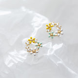 Yellow White Green Flower Wreath Stud Earrings - SS069