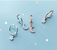 Asymmetry Star and Moon Crescent Drop Huggies Earrings-SH049