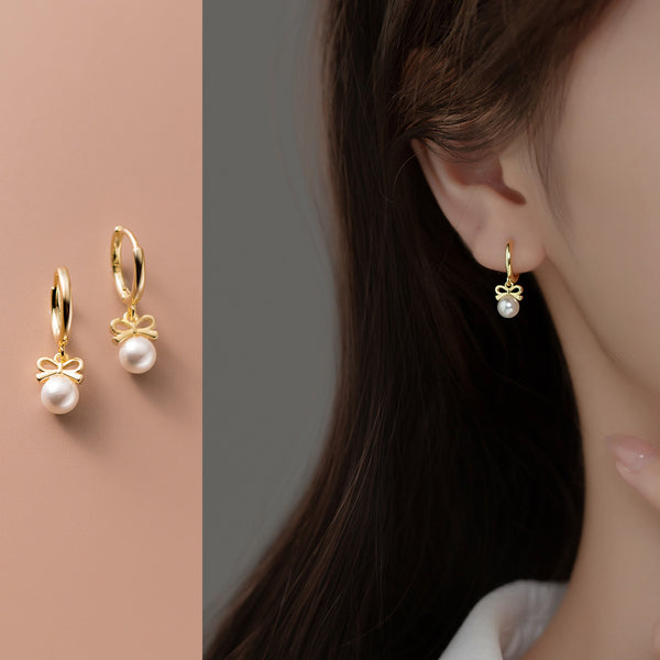 Small Pearl w/ Bow Drop Huggie Earrings-SH053