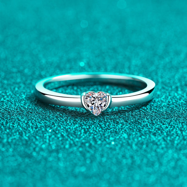 Moissanite Solitaire Heart Ring, Small Diamond Band Ring-RM065