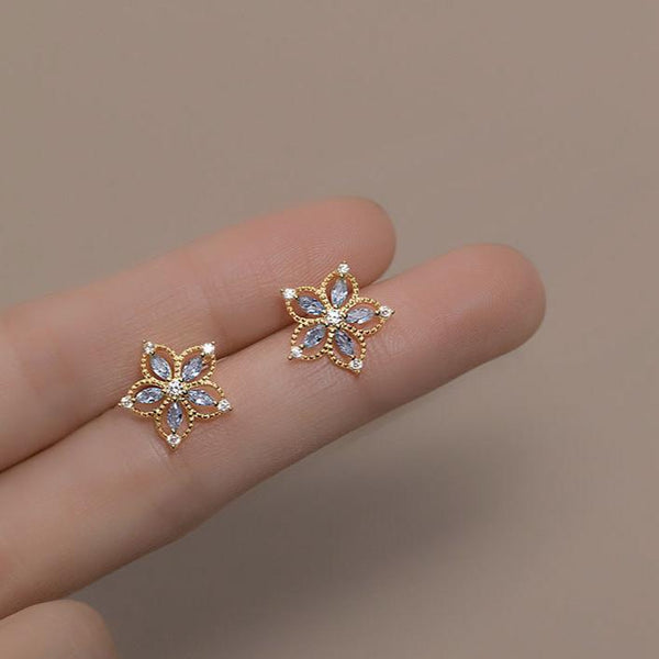 Hollow Flower w/ Blue Crystal Stud Earrings - SS067